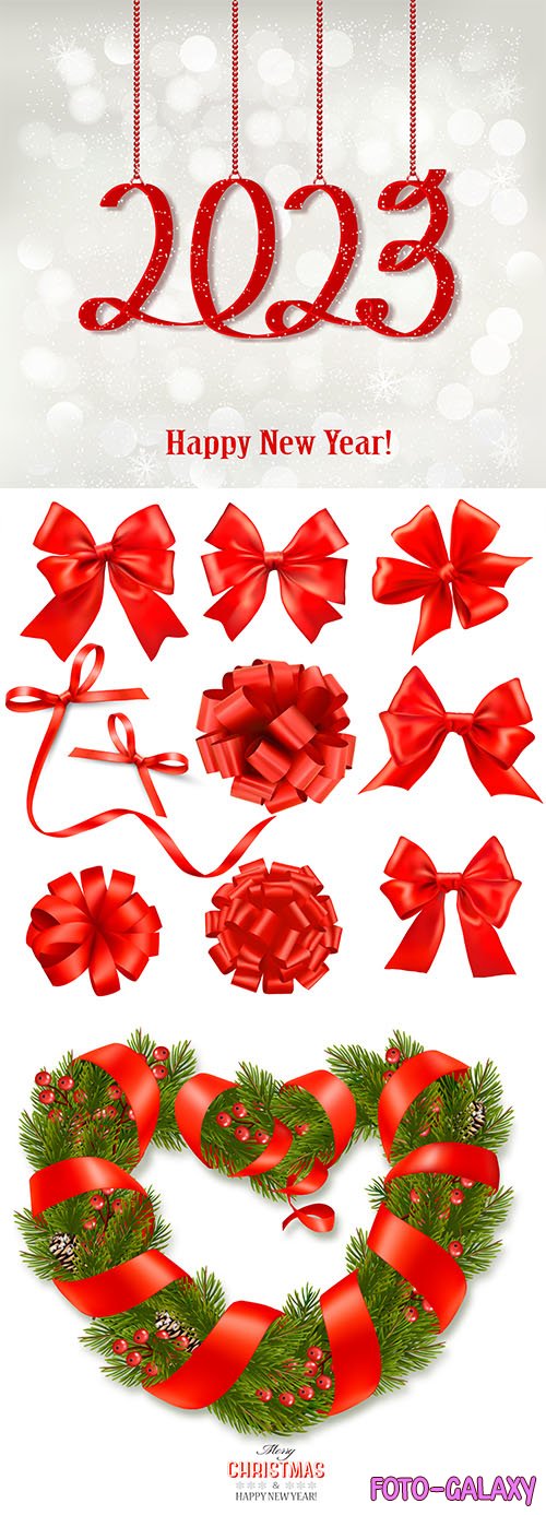 New Year 2023 and gift red bows and ribbons