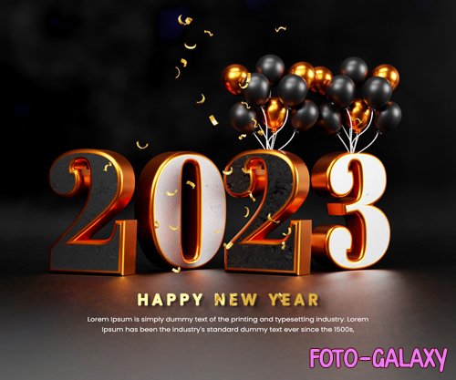 PSD realistic happy new year 2023 celebration banner or happy new years background template with balloon