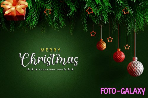 PSD merry christmas and happy new year with realistic decoration or 3d realistic merry christmas banner