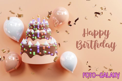 PSD happy birthday celebration banner with birthday cake and realistic balloon