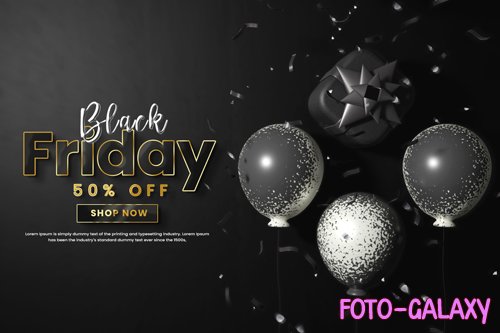 Black friday sale psd banner with balloons and gift box or flack friday offer banner