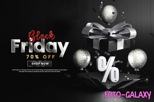 Black friday sale banner with balloons and gift box or flack friday offer banner