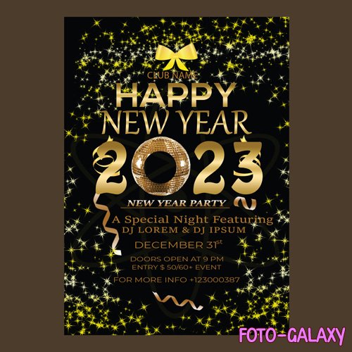 Happy new year flyer 2023 with golden festive decor