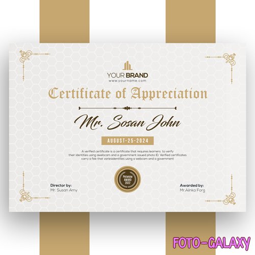 PSD elegant certificate template with gold decor