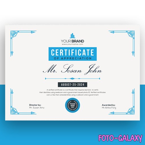 PSD elegant certificate template with blue decor