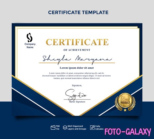 PSD certificate template modern blue gold