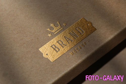 PSD luxury gold foil stamping logo mockup on beige kraft paper box surface