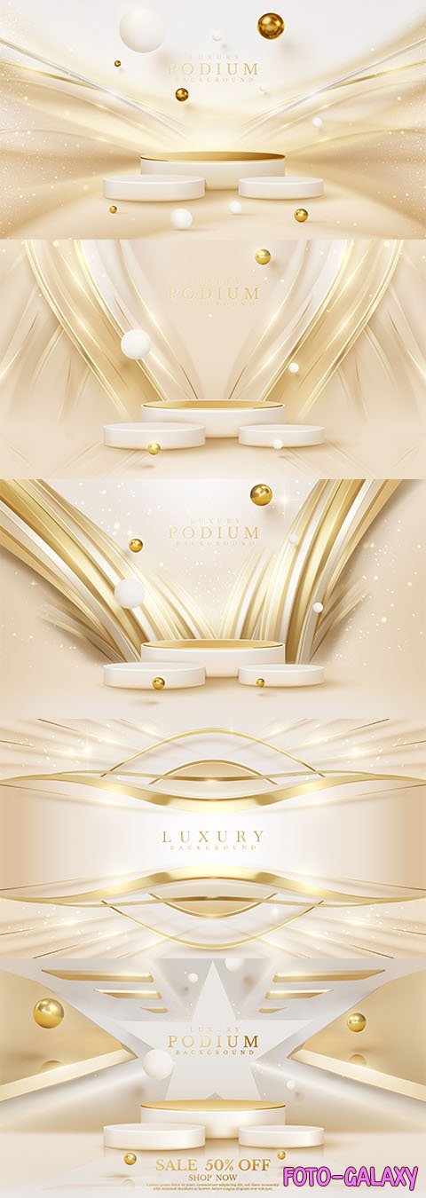 Vector podium with gold curve line with geometric shape element with light effect