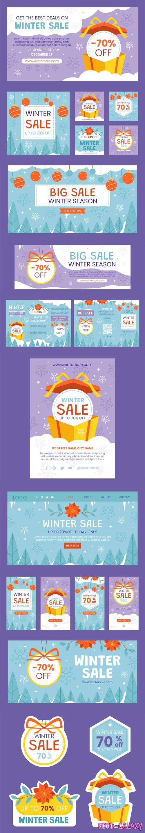 Hand Drawn Winter Sales Flat Marketing Pack Vector Templates