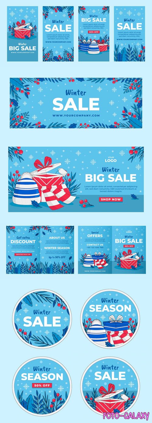 Hand Drawn Winter Sales Marketing Pack Vector Templates
