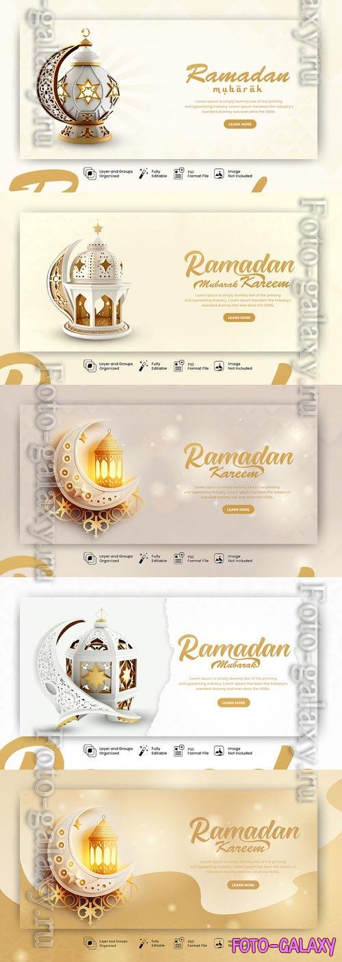 PSD ramadan kareem social media banner with a gold background and lantern