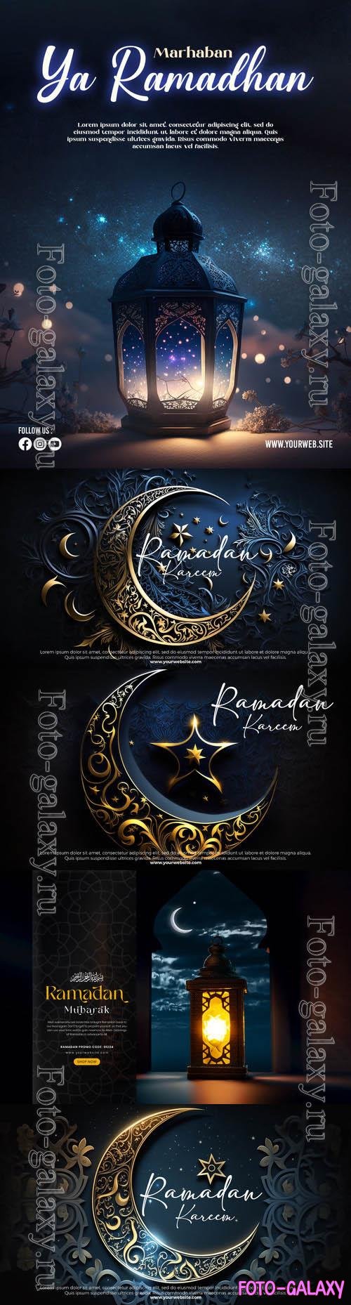 PSD ramadan kareem banner template with 3d render islamic background
