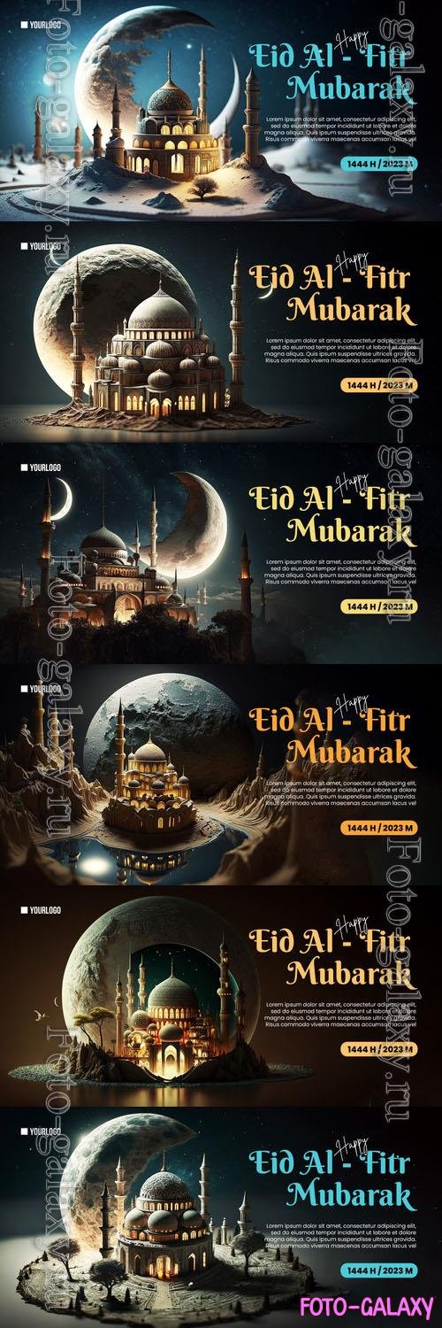 Happy eid alfitr poster with mosque psd banner background