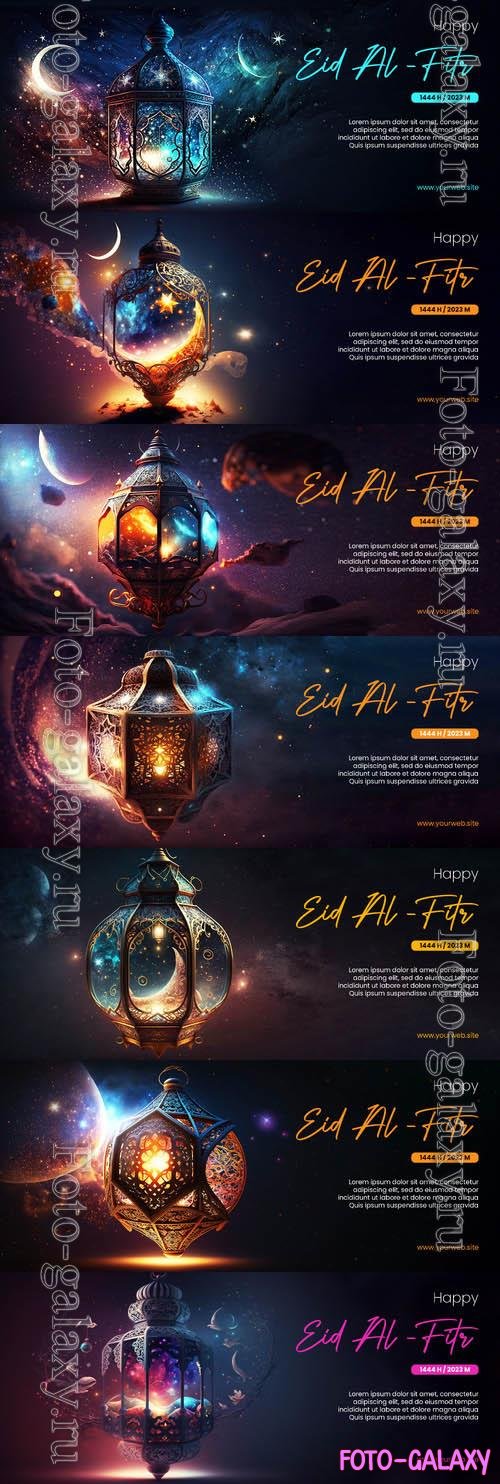 Happy eid al fitr psd poster with arabic lantern background and outer space