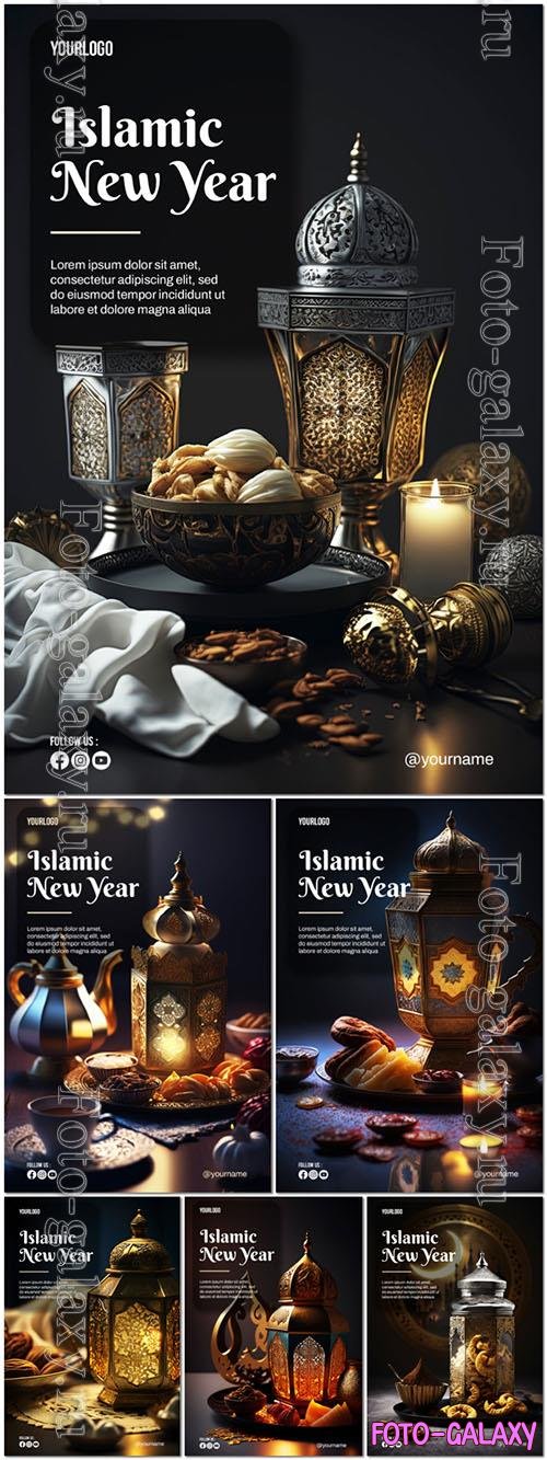 Happy islamic new year psd poster with lantern and dates background