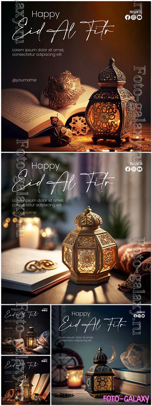 Eid alfitr psd poster with a lamp and a book
