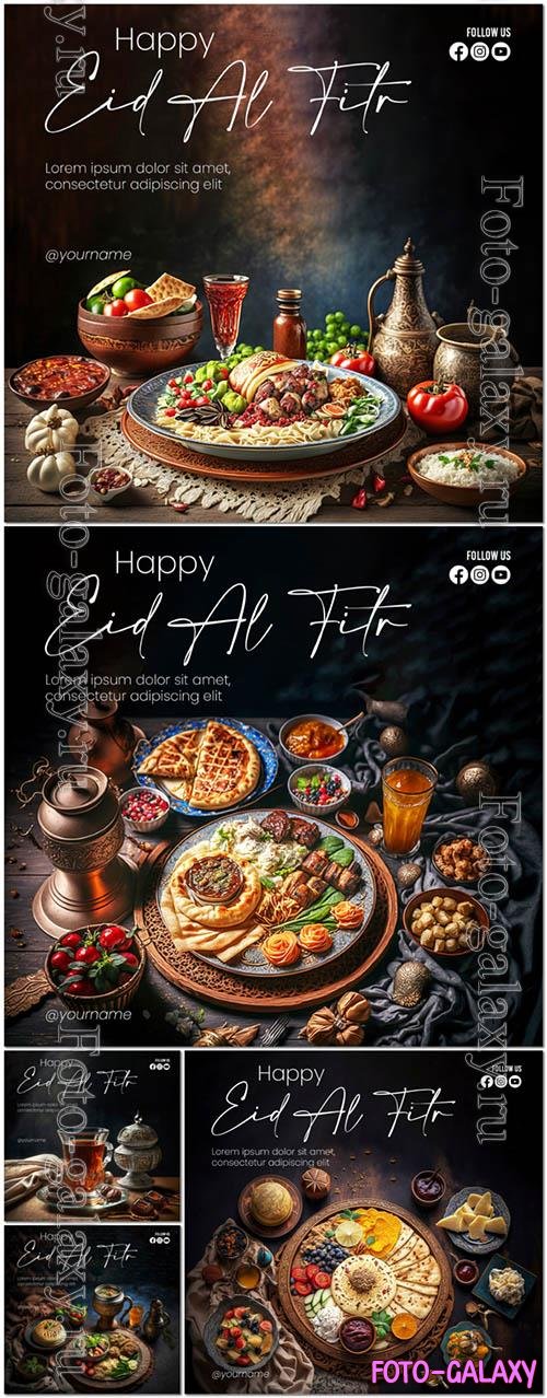 Eid alfitr poster with a background of delicious food and drinks with an islamic theme psd