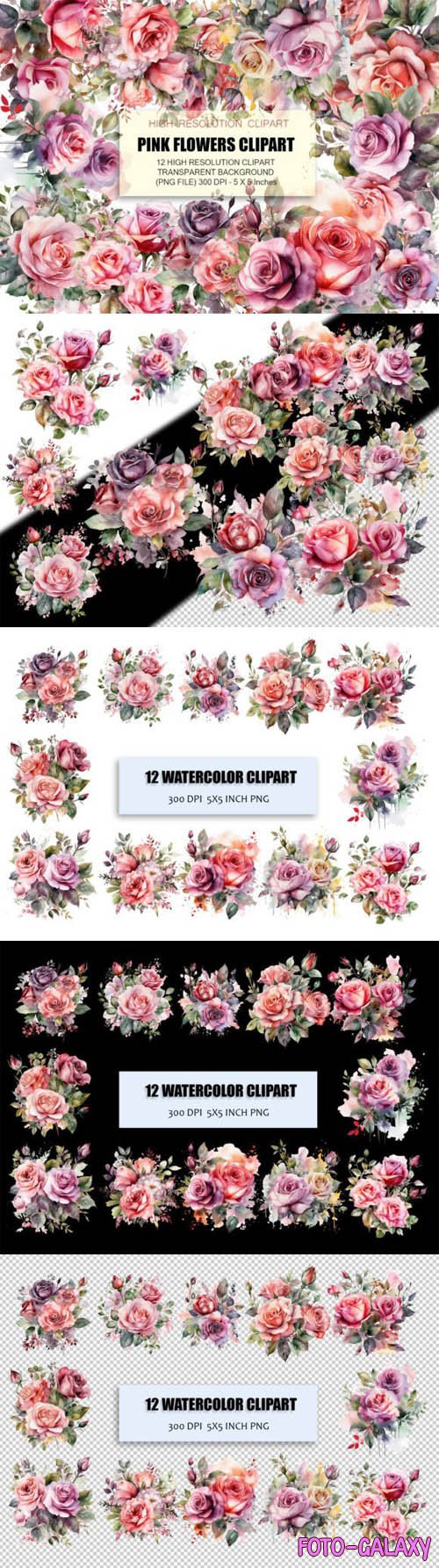 Watercolor Pink Flowers Clipart Collection