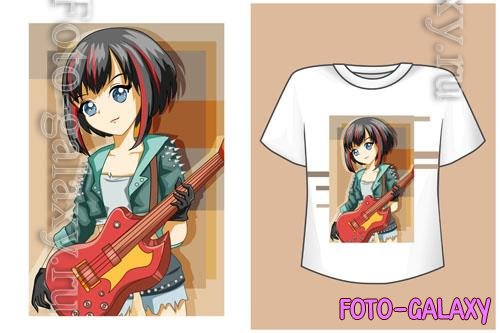 Vector mockup t-shirt cute rock-star anime girl