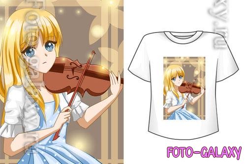 Vector mockup t-shirt cute anime girl with violin