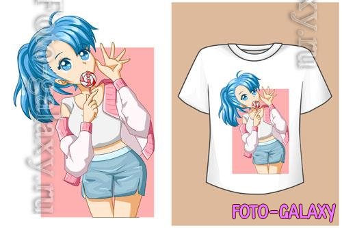 Vector mockup t-shirt cute anime girl blue hair with jacket