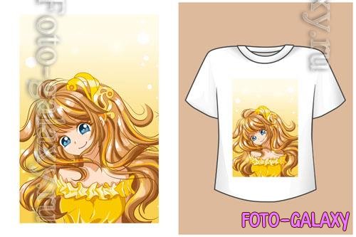 Vector mockup t-shirt beautiful anime princess yellow dress