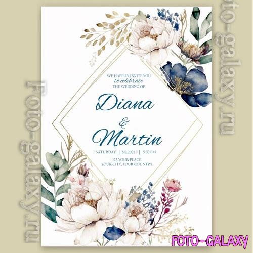 Beautiful wedding psd invitation for a wedding with watercolor flowers