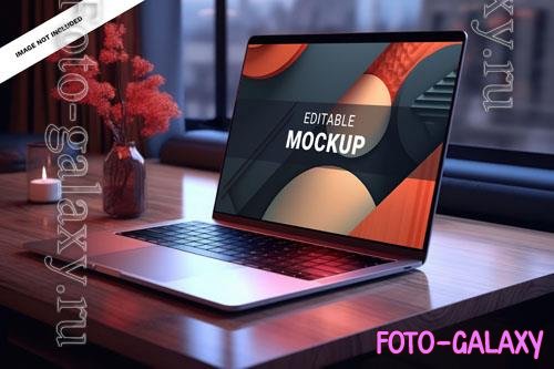 PSD a beautiful and elegant laptop mockup macbook on a office desk editable