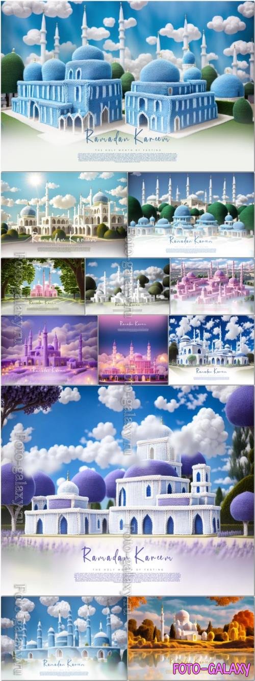 Psd Ramadan kareem greetings card template with a mosque background blue sky