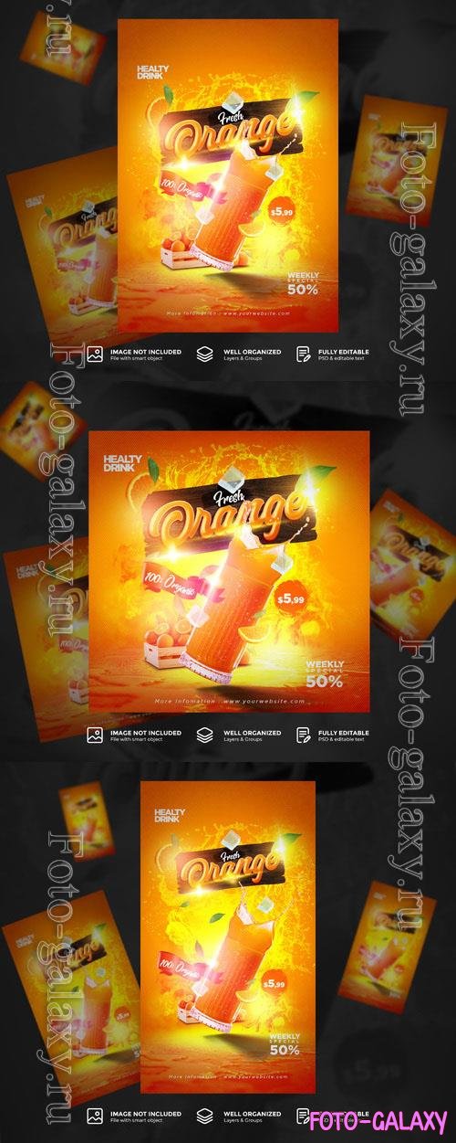 PSD fresh orange drink menu promotion poster flyer template