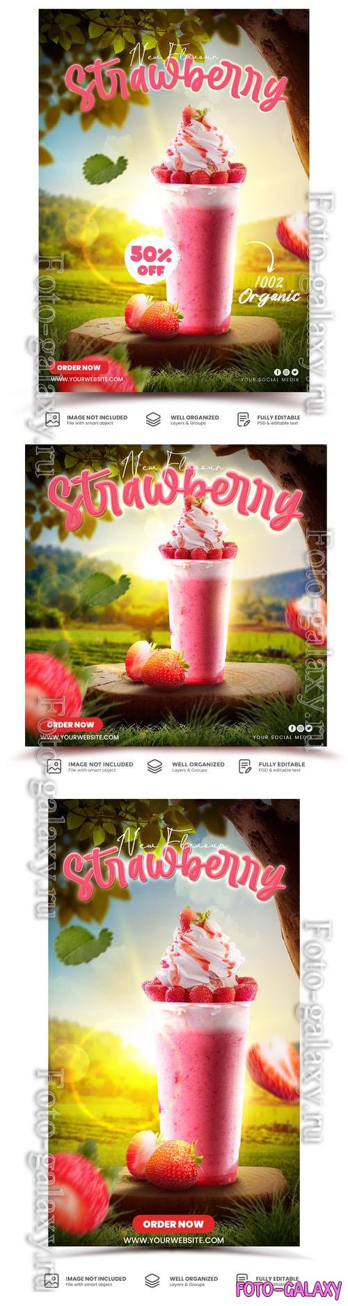 PSD strawberry milkshake promotional menu promotion element template