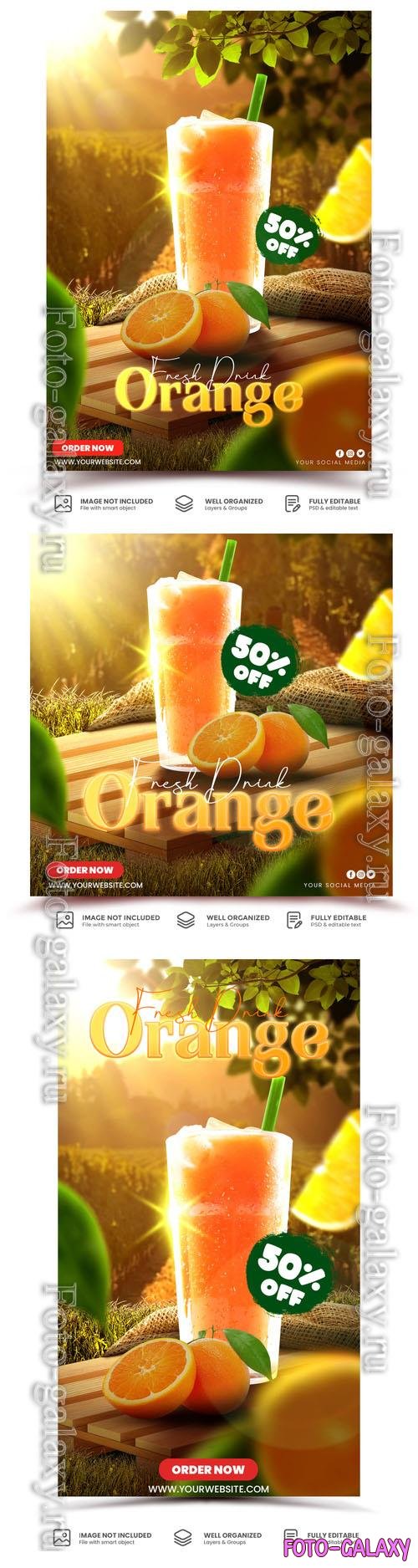 PSD flyer promoting fresh orange juice is displayed on the drink menu template