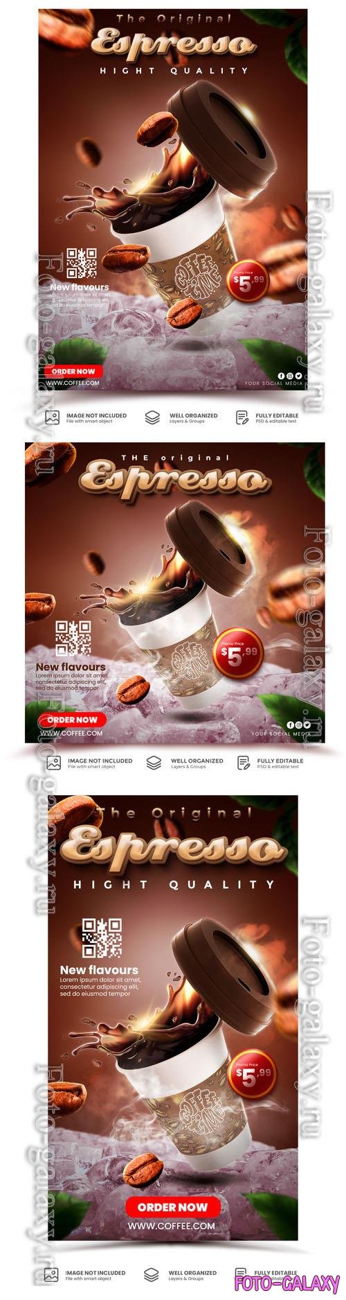 PSD espresso coffee break time social media flyer template