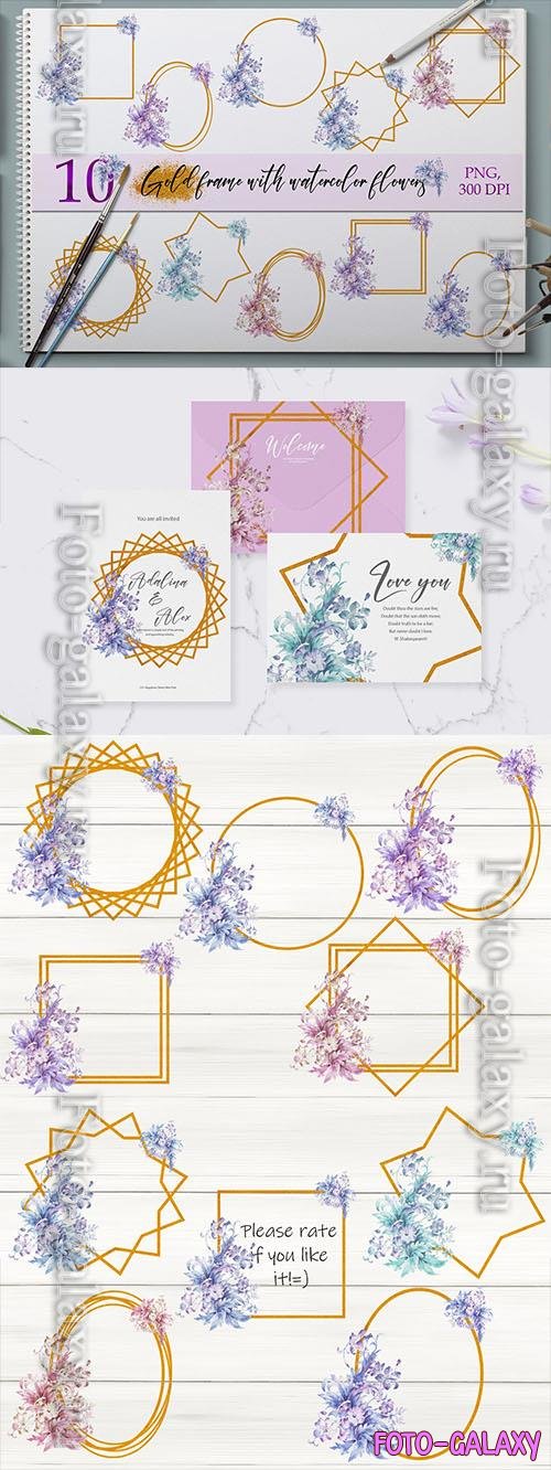 Set of gold Frames with watercolor flowers