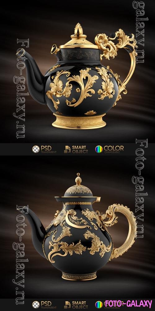 Teapot with gold leaves and a black background