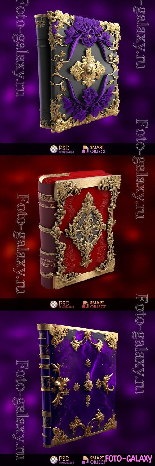 Purple, red and gold book cover with gold flowers in psd