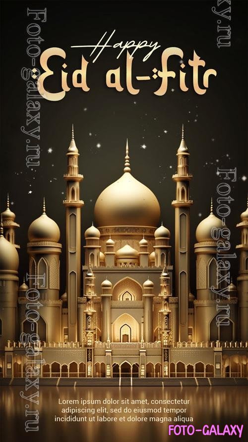 Psd 3d render happy eid alfitr poster with mosque background