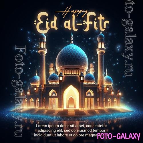 Psd 3d render happy eid alfitr social media post with mosque