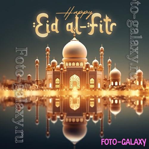 3d render happy eid alfitr social media psd post with mosque in the background