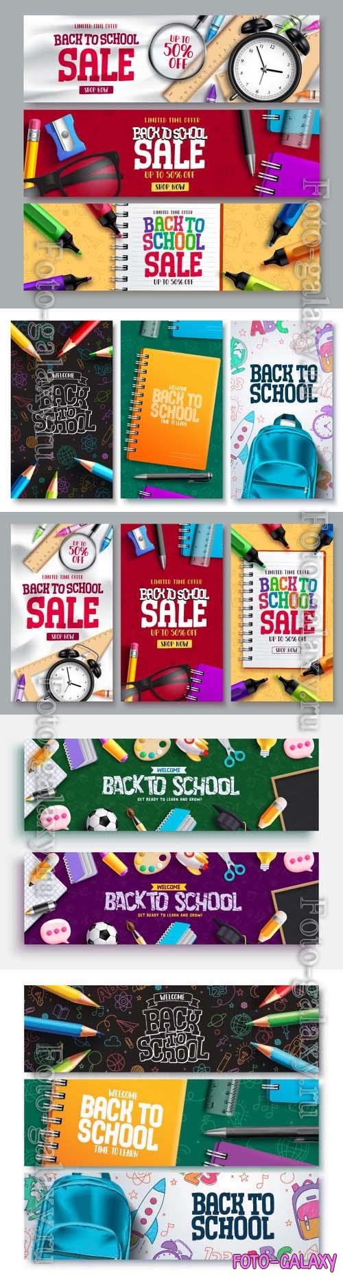Back to school vector banner set design, back to school greeting text with kids educational