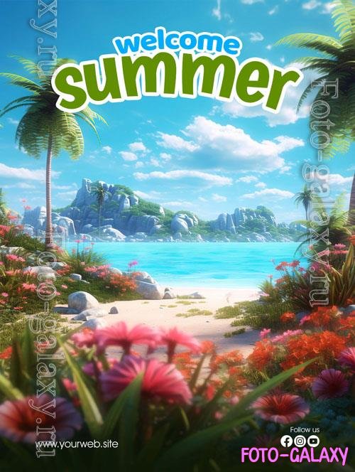 Psd poster for a summer vacation with palm trees and flowers