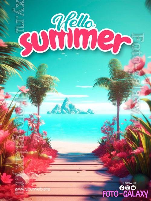 Psd poster for a beach with a beach scene and the words new summer on it