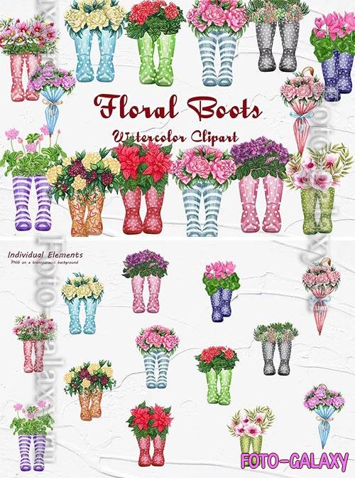 Floral Wellies Watercolor Clipart [PNG]