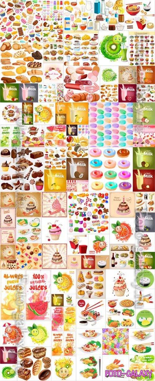 100 Food, desserts, fruits, vegetables, berries, meat, fish, drinks, ice cream, milk collection in vector