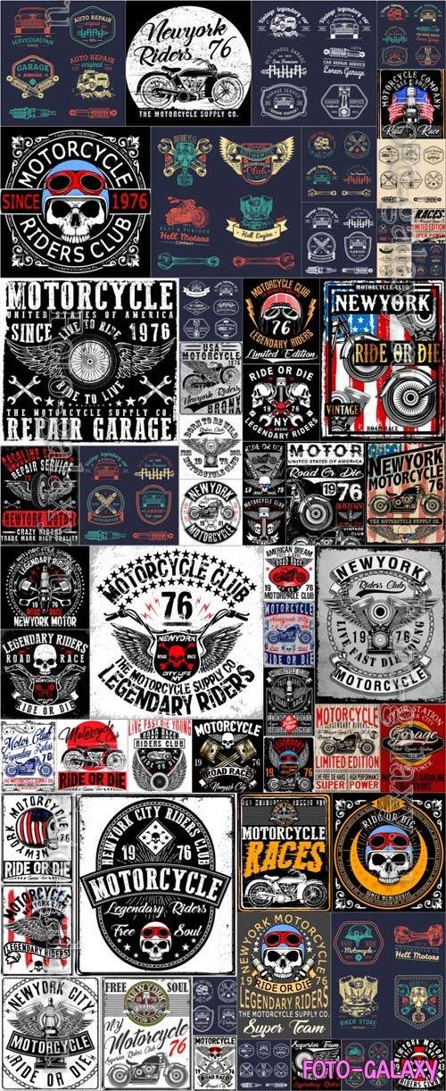 57 Motorcycle riders club, auto service signs, label, logo collection in vector