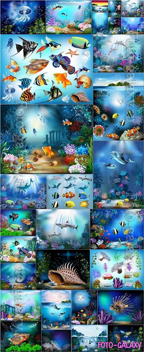 Sea fish, underwater world, sea underwater landscapes in vector