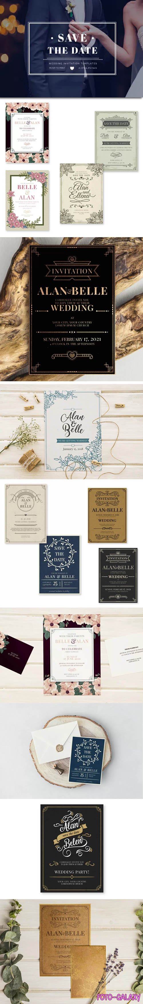 Classic Vintage Wedding Invitation Vector Templates Pack