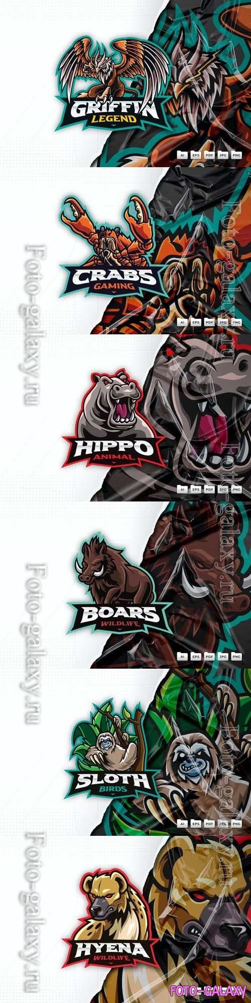 Sloth, hyena, hippo, griffin, crab, boar, mascot logo design