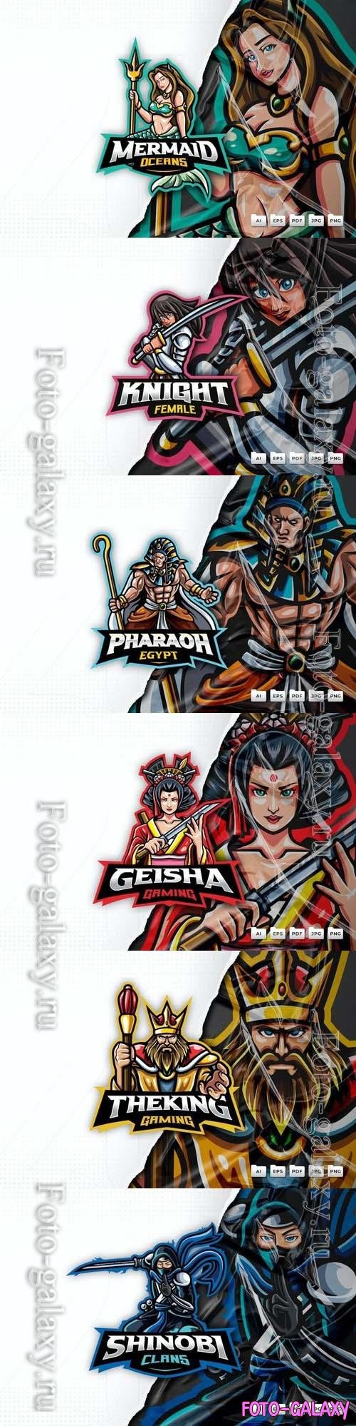 King, shinobi, pharaoh, mermaid, geisha, female knight, mascot logo design