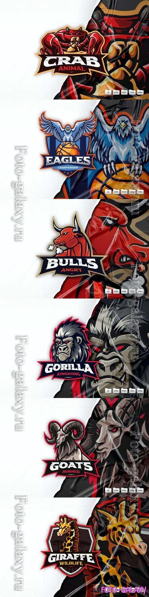 Gorilla, goat, giraffe, eagle, crab, bull, mascot logo design